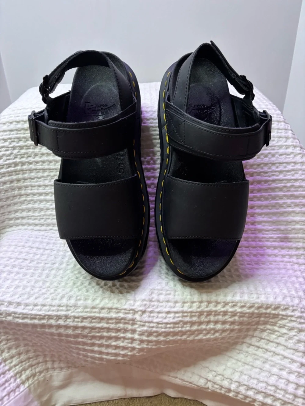 Dr. Martens Voss Quad Black Platform Sandals with Yellow Stitching Size 7